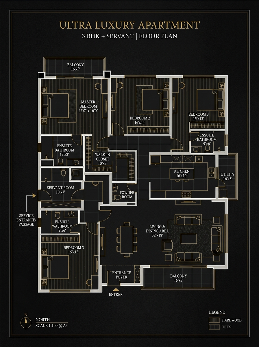 3 BHK + Servant Floor Plan Layout