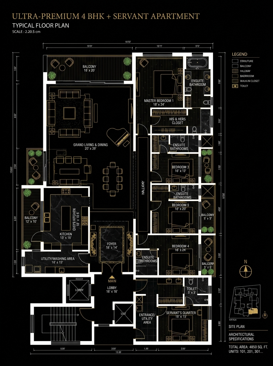 4 BHK + Servant Floor Plan Layout